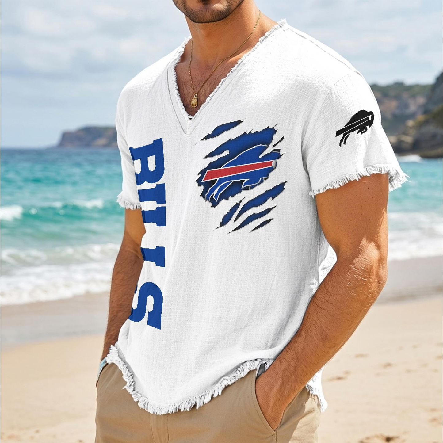 BUF x NFL V-Neck Linen Beach Shirt 1905 DatND DVT