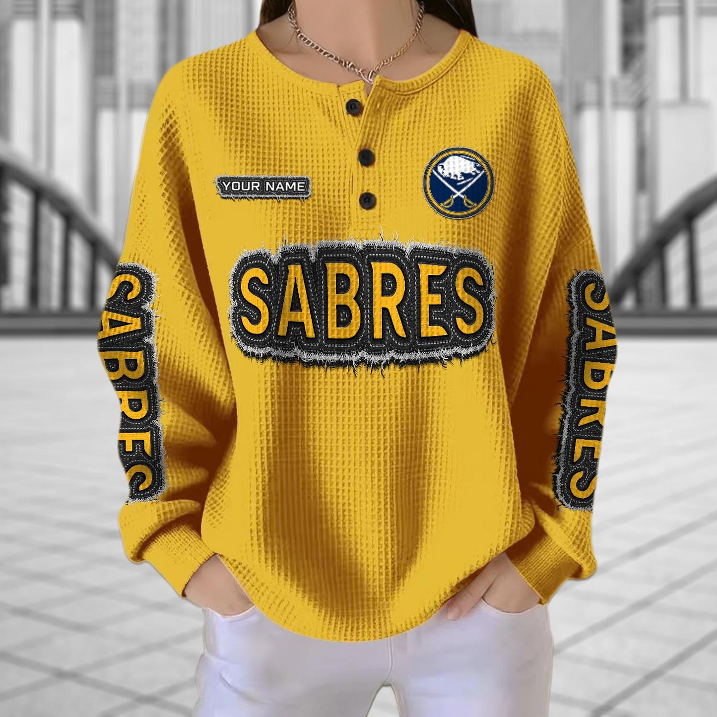 BUF x NHL Personalized Waffle Knit Henley Sweatshirt 2005 DatND DVT