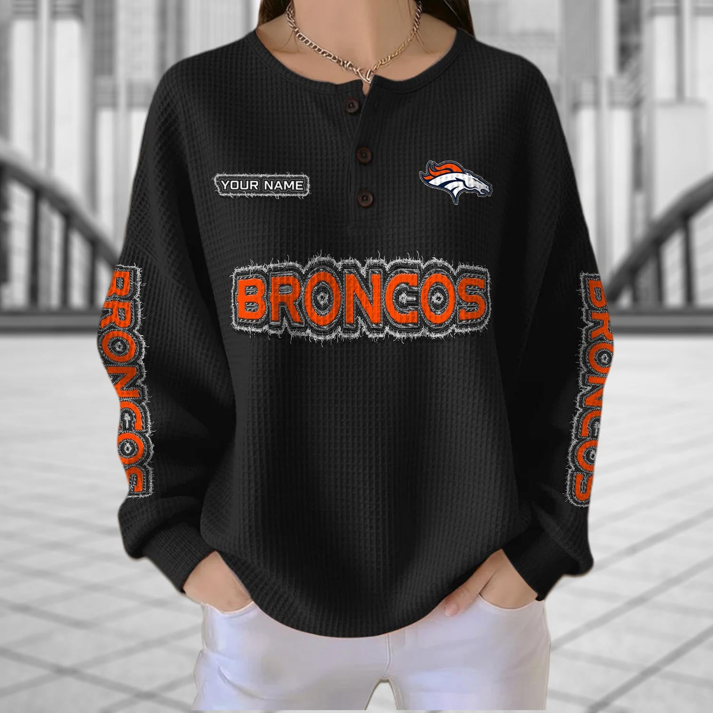 DEN x NFL Personalized Waffle Knit Henley Sweatshirt 2005 DatND DVT