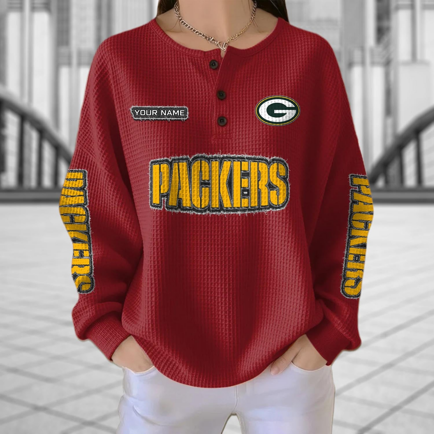 GB x NFL Personalized Waffle Knit Henley Sweatshirt 2005 DatND DVT