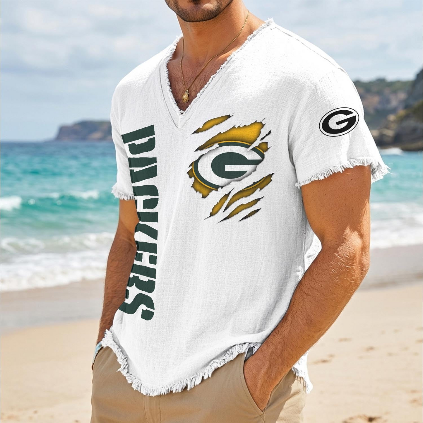 GB x NFL V-Neck Linen Beach Shirt 1905 DatND DVT