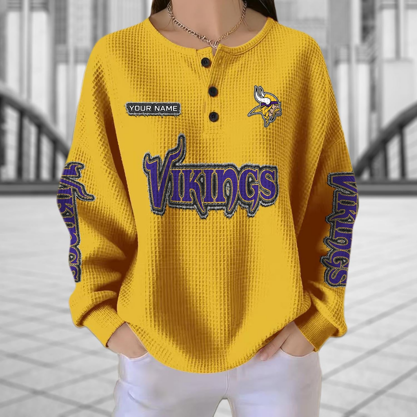 MIN x NFL Personalized Waffle Knit Henley Sweatshirt 2005 DatND DVT