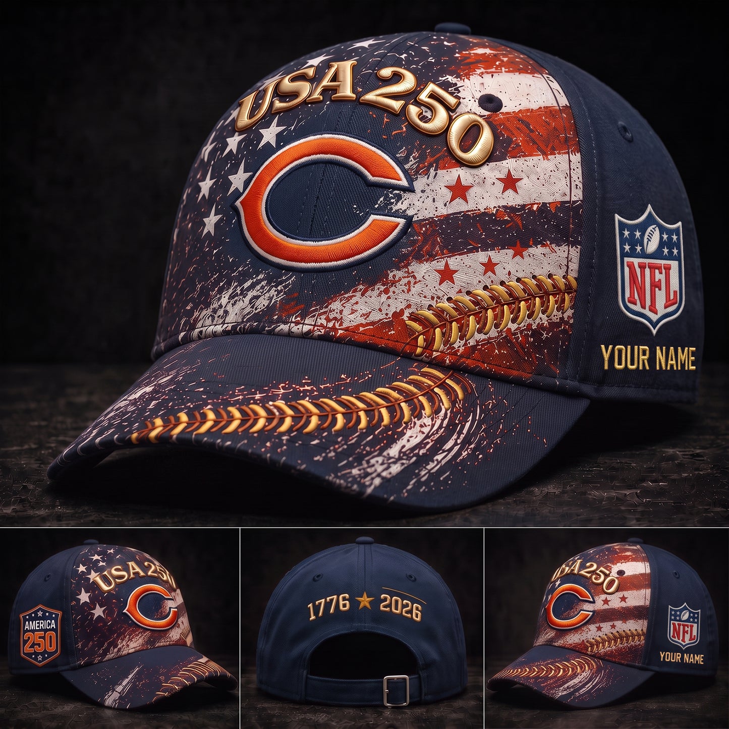 PREMIUM NFL X CHI GAMEDAY EXCLUSIVE PERSONALIZED 250 YEAR ANNIVERSARY CAP 010726