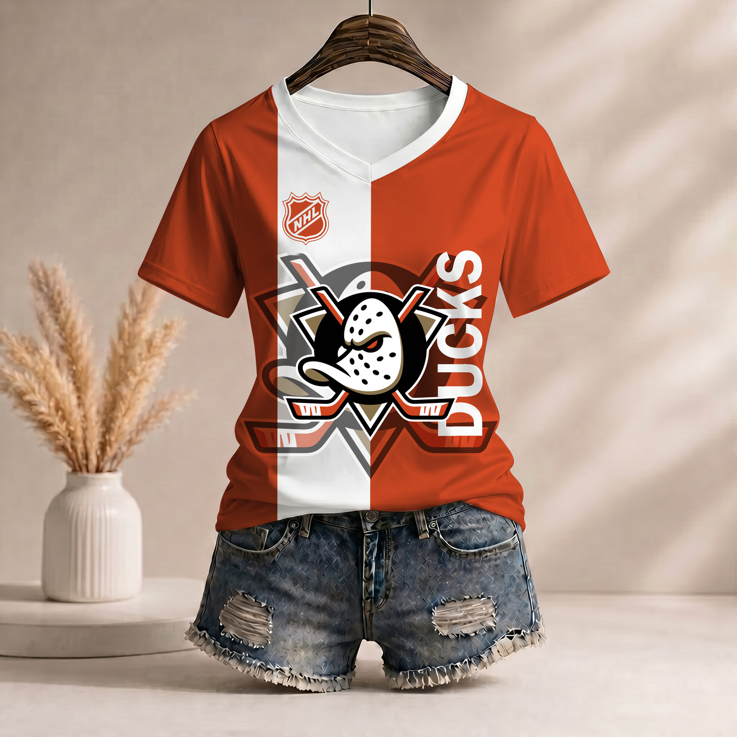 PREMIUM NHL X AC WomenŸ??s Casual Loose Stripe V-Neck T-Shirt NDT VHM 290526