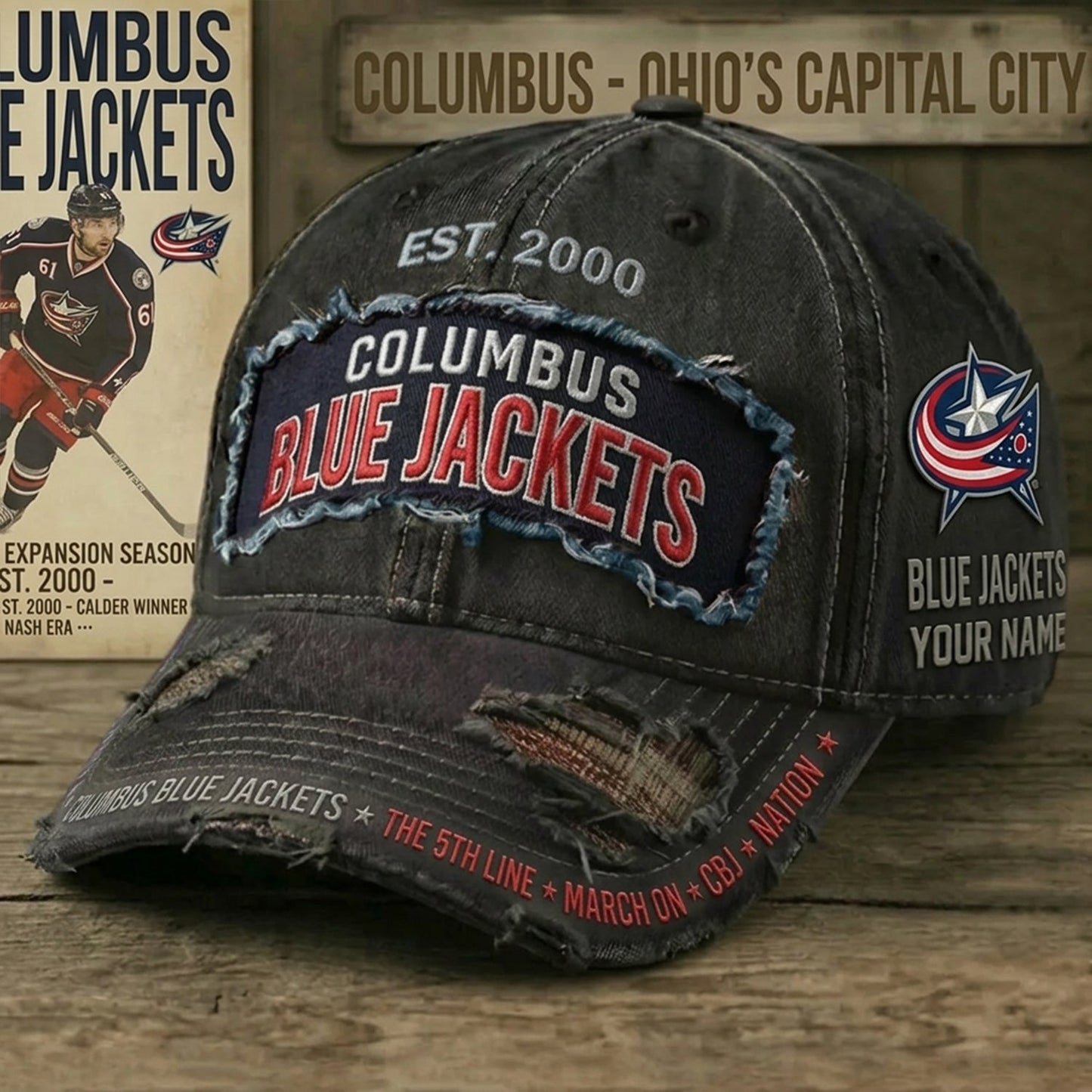 PREMIUM NHL X CBJ Denim Washed Custom Name HAT NDT NHM 050526