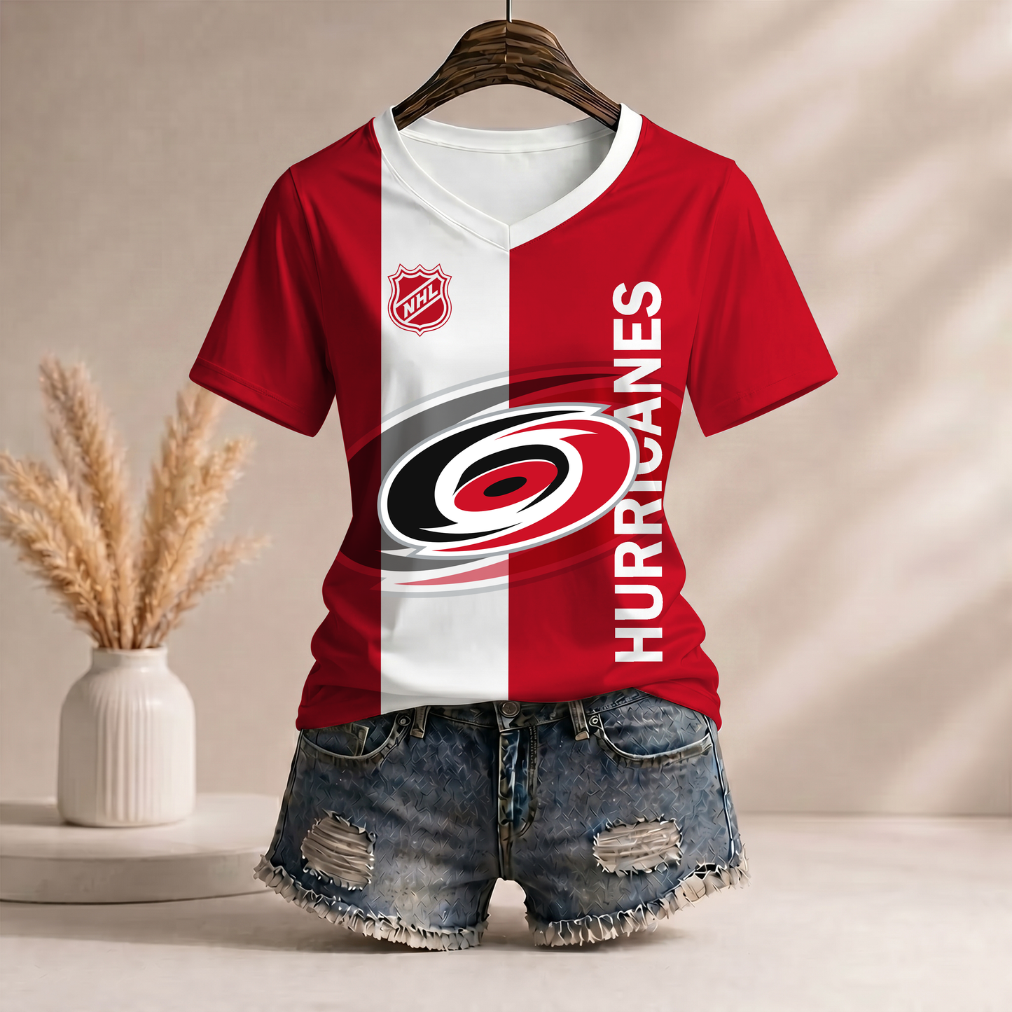 PREMIUM NHL X CH WomenŸ??s Casual Loose Stripe V-Neck T-Shirt NDT VHM 290526