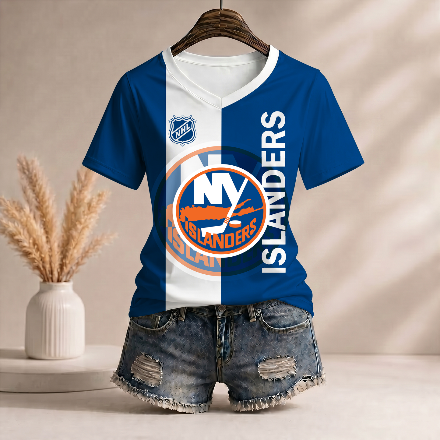 PREMIUM NHL X NYI WomenŸ??s Casual Loose Stripe V-Neck T-Shirt NDT VHM 290526