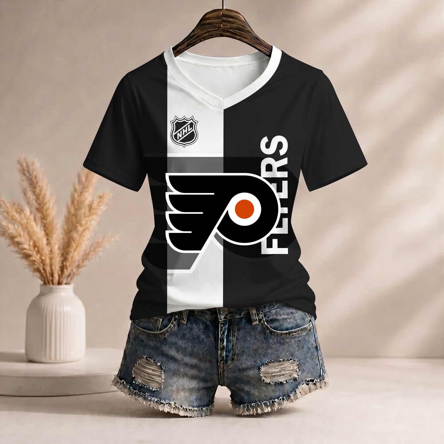 PREMIUM NHL X PF WomenŸ??s Casual Loose Stripe V-Neck T-Shirt NDT VHM 290526