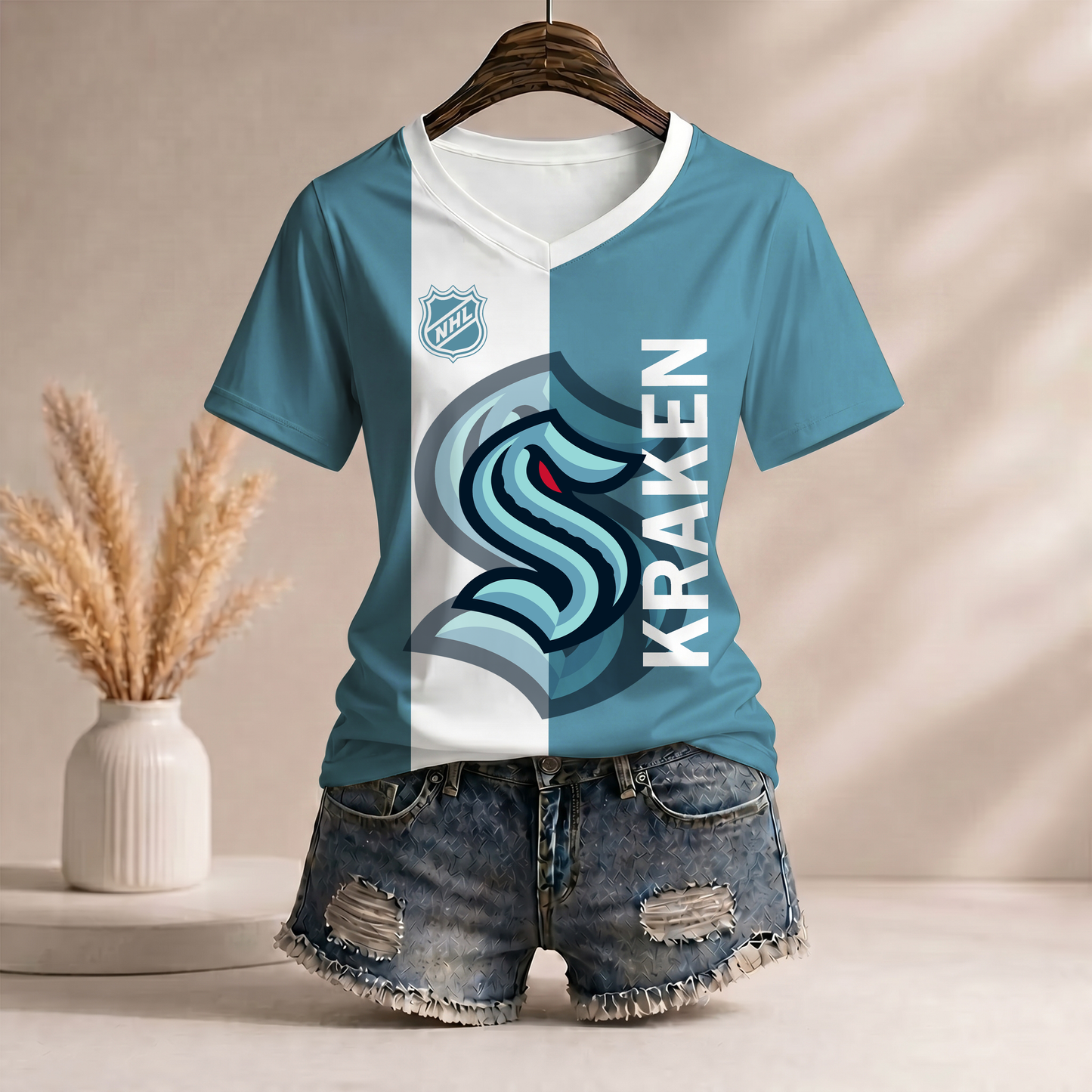 PREMIUM NHL X SK WomenŸ??s Casual Loose Stripe V-Neck T-Shirt NDT VHM 290526