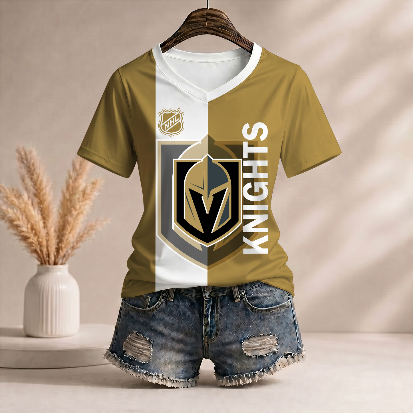 PREMIUM NHL X VGK WomenŸ??s Casual Loose Stripe V-Neck T-Shirt NDT VHM 290526