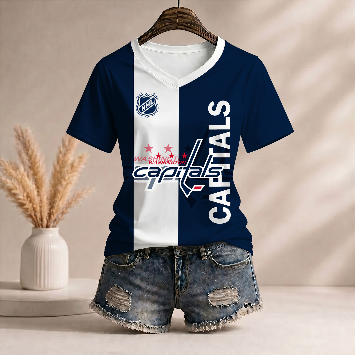 PREMIUM NHL X WC WomenŸ??s Casual Loose Stripe V-Neck T-Shirt NDT VHM 290526