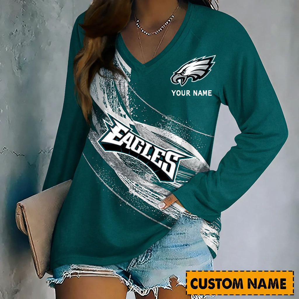 PREMIUM NFL X PHI Womenƒ??s V-Neck Long-Sleeved Shirt - Custom Name Gifts For Fans NDT NHM 240226