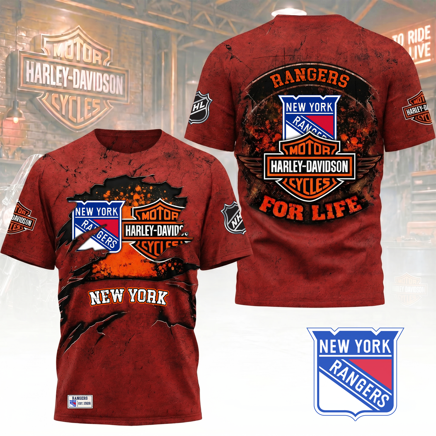 Premium NHL X NYR Harley Davidson For Life 3D Shirt NDT VHM 180526