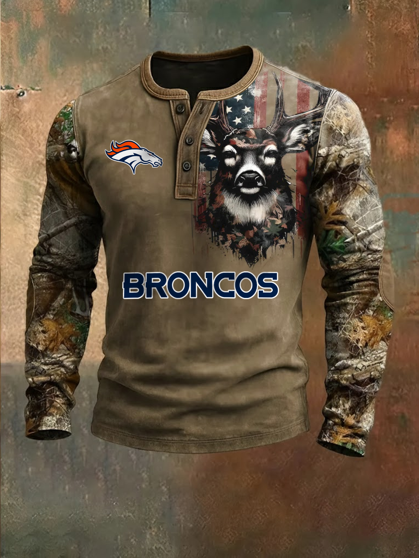 Premium NFL X DEN Retro Western Deer Henley Long Sleeve Shirt NDT NHM 311225