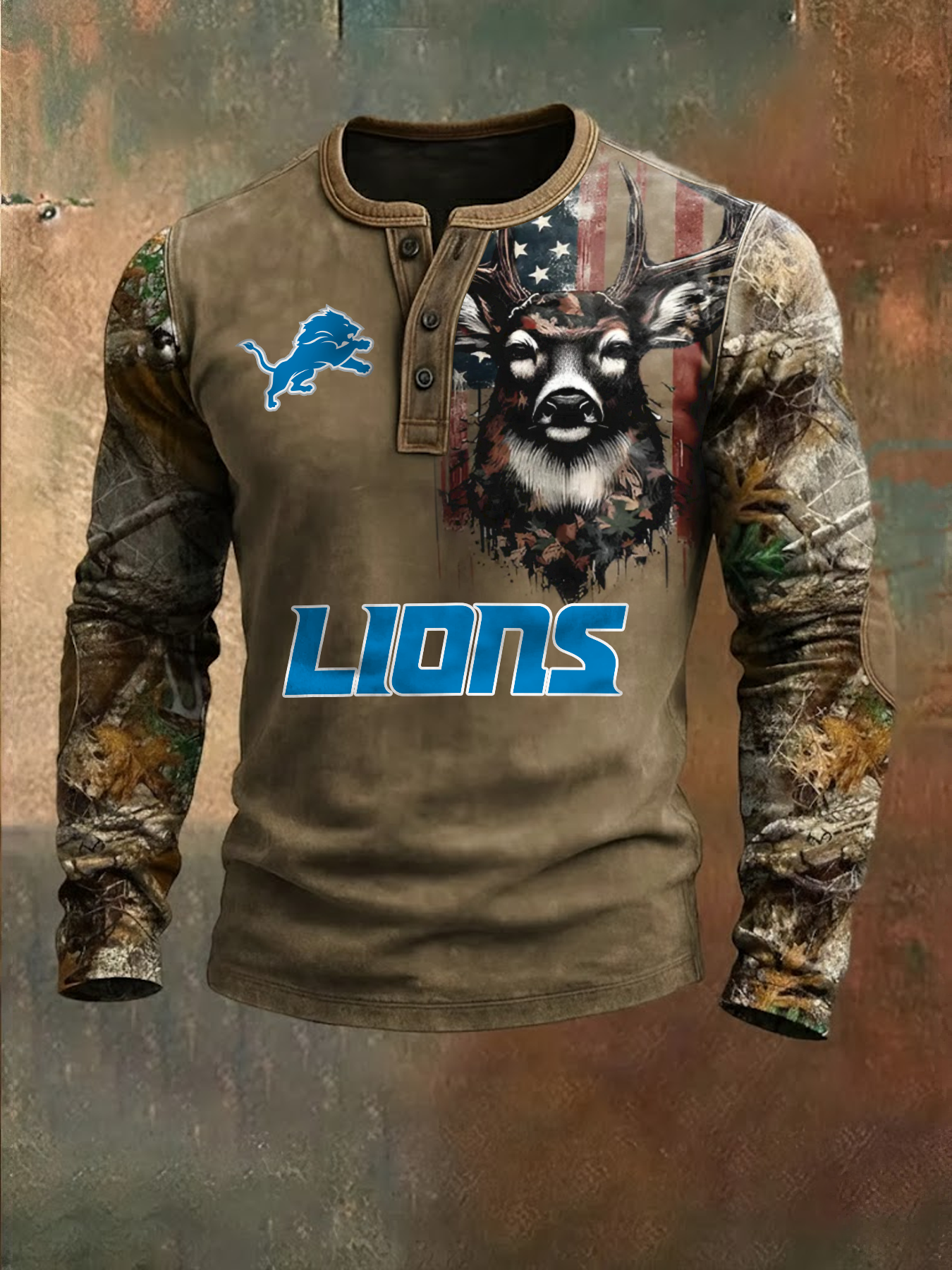Premium NFL X DET Retro Western Deer Henley Long Sleeve Shirt NDT NHM 311225