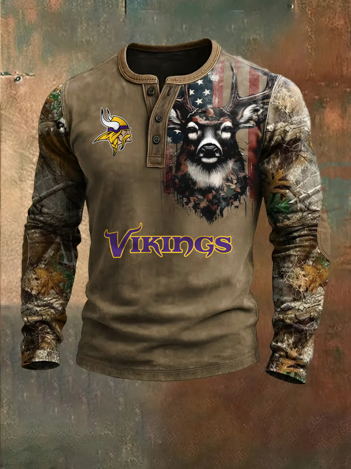 Premium NFL X MIN Retro Western Deer Henley Long Sleeve Shirt NDT NHM 311225