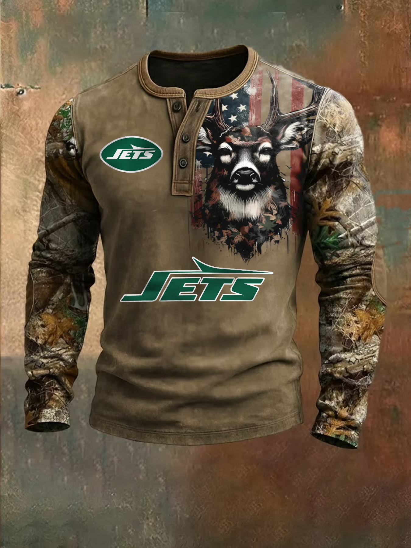 Premium NFL X NYJ Retro Western Deer Henley Long Sleeve Shirt NDT NHM 311225