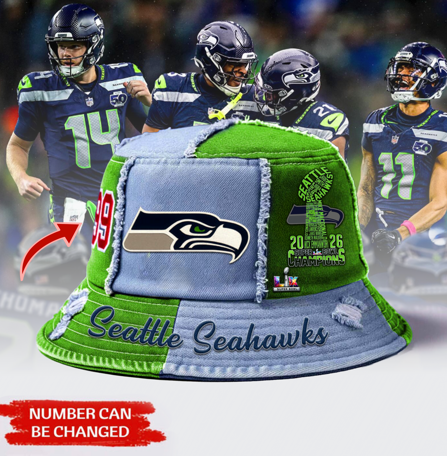 Premium NFL x SEA 2026 Super Bowl 3D Bucket HAT NDT VHM 090226
