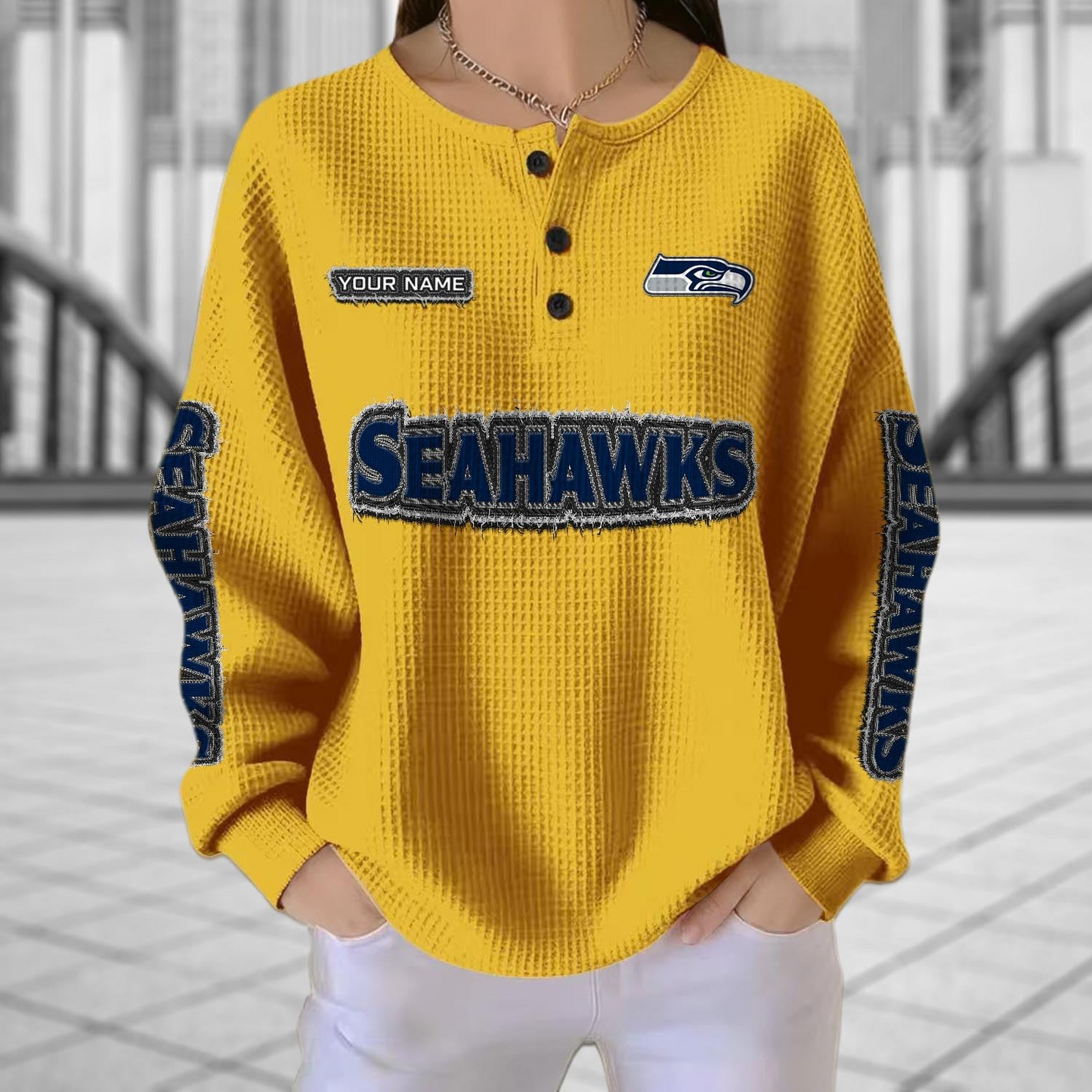 SEA x NFL Personalized Waffle Knit Henley Sweatshirt 2005 DatND DVT