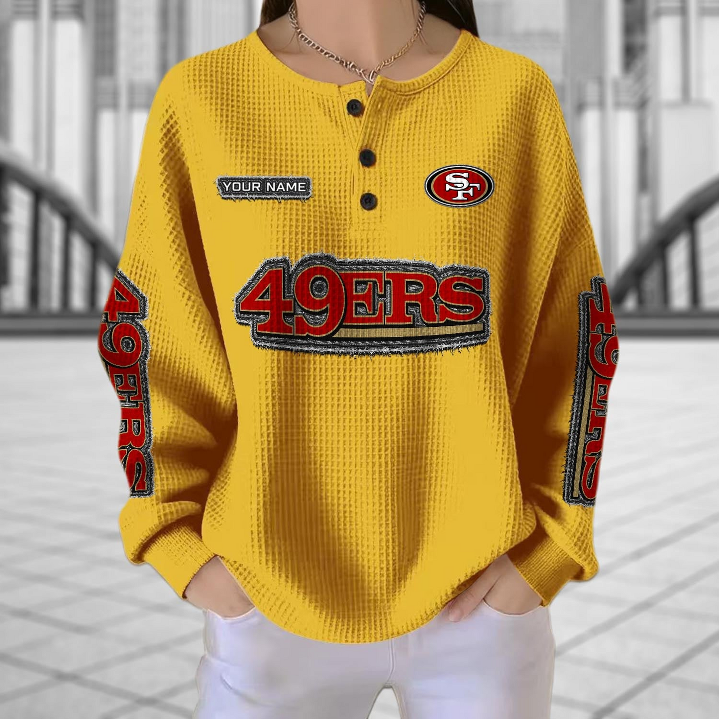 SF x NFL Personalized Waffle Knit Henley Sweatshirt 2005 DatND DVT