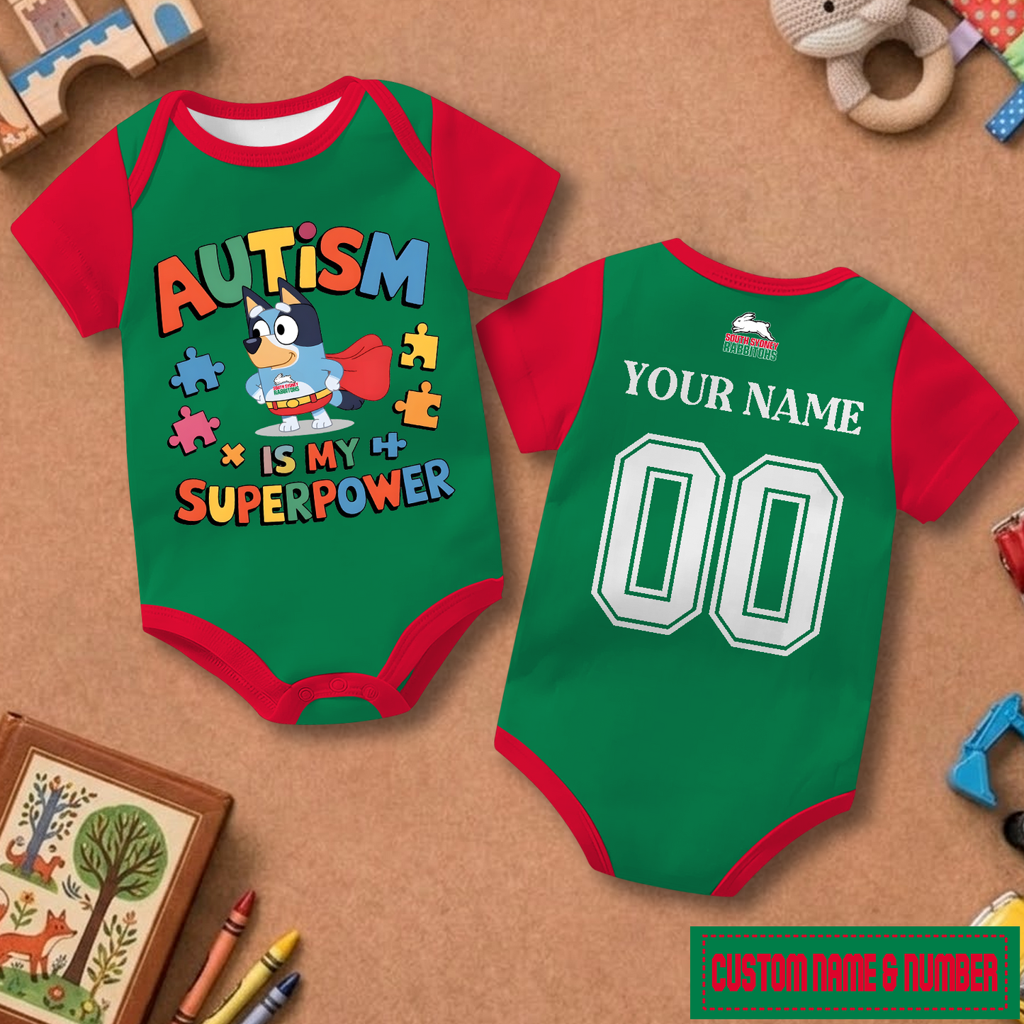 SOU x NRL Custom Name & Number Baby Romper DATND TANTD