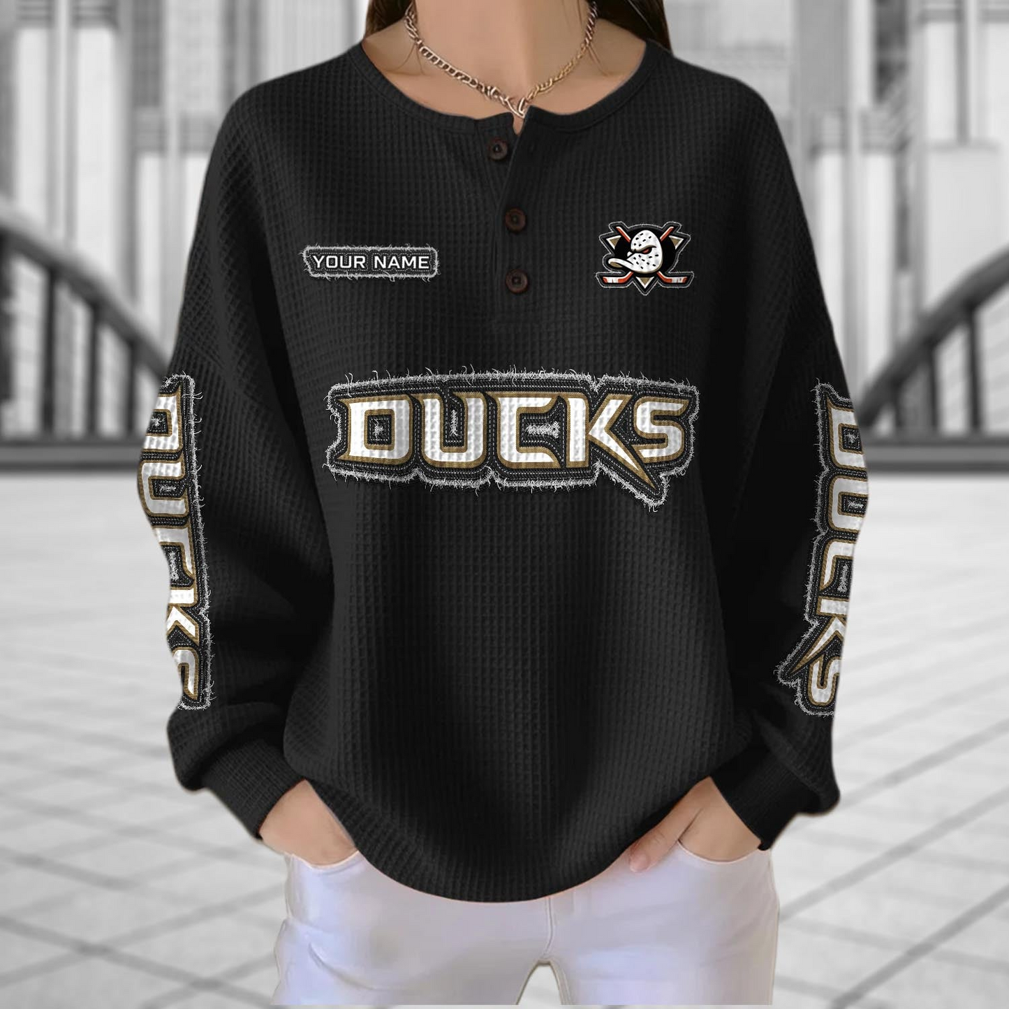 ANA x NHL Personalized Waffle Knit Henley Sweatshirt 2005 DatND DVT