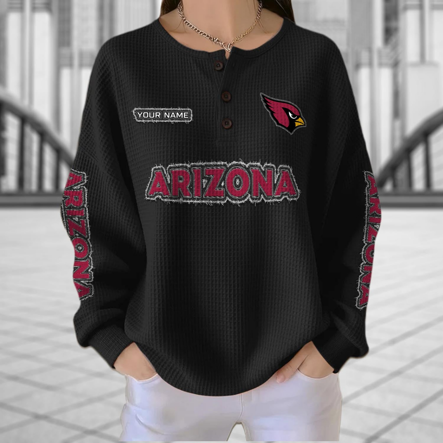 ARI x NFL Personalized Waffle Knit Henley Sweatshirt 2005 DatND DVT
