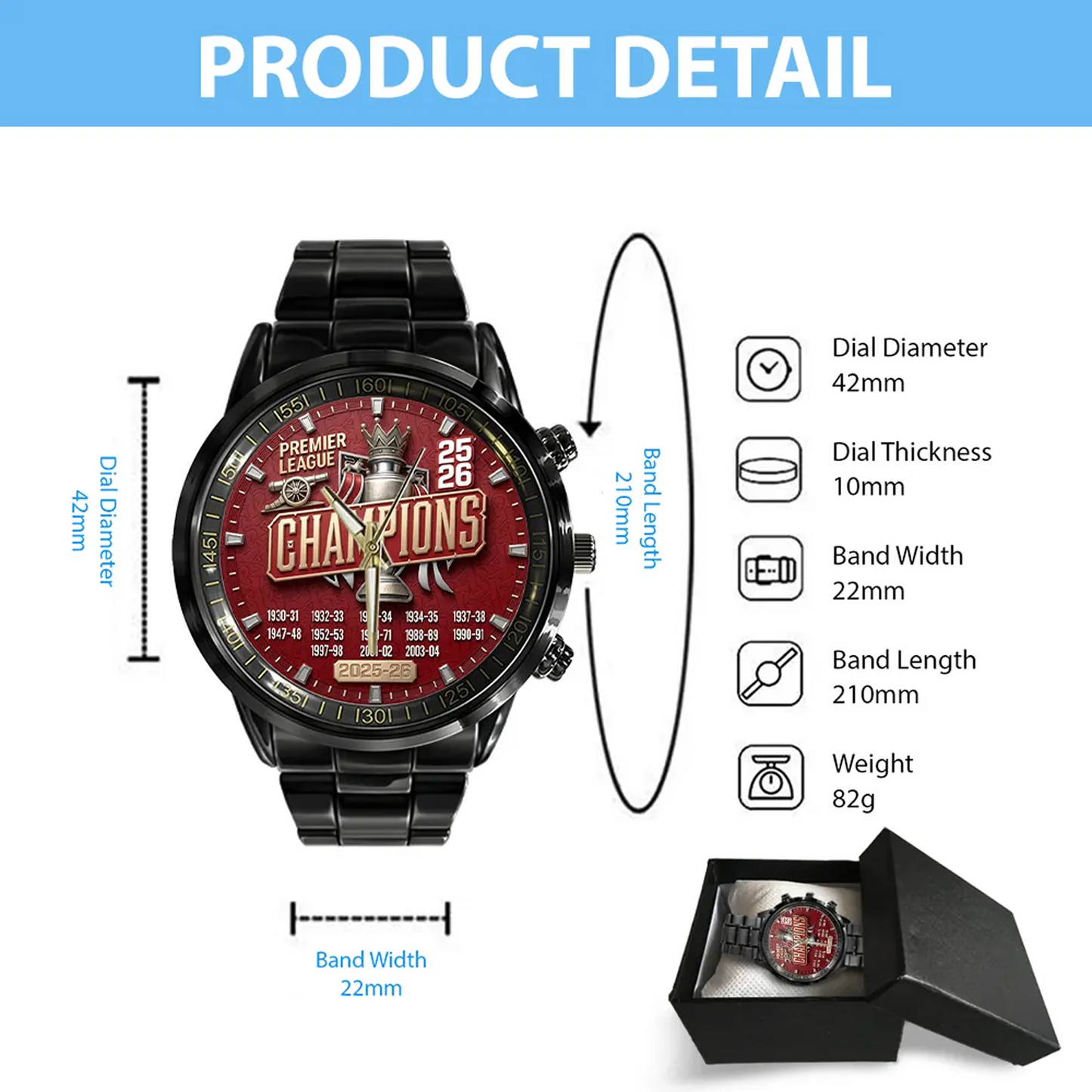ARS x EPL Premier League Champions 25 26 Black Stainless Steel Watch V1 DATND TANTD 200526