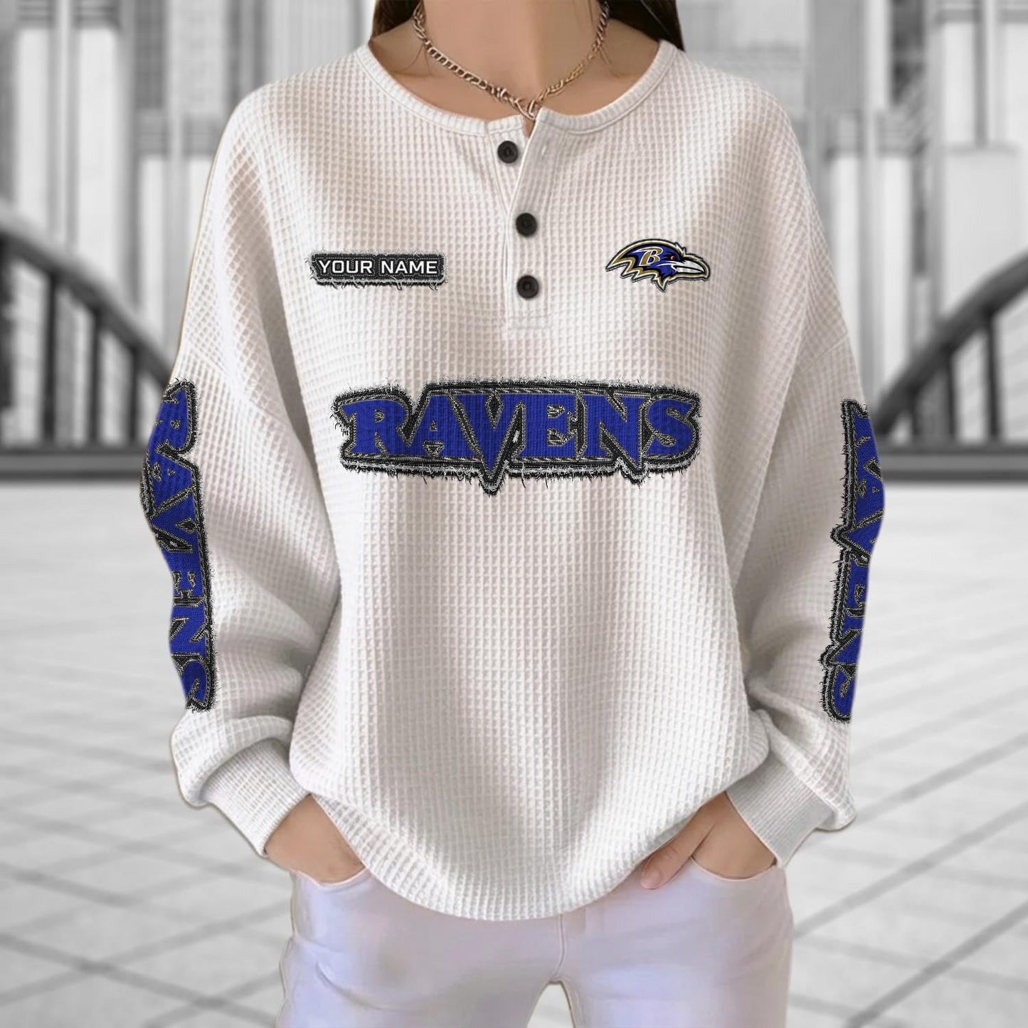 BAL x NFL Personalized Waffle Knit Henley Sweatshirt 2005 DatND DVT