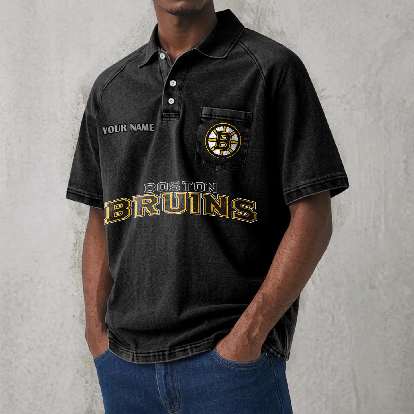 BOS x NHL Men's Distressed Turn-Down Collar Polo DATND TANTD 250526