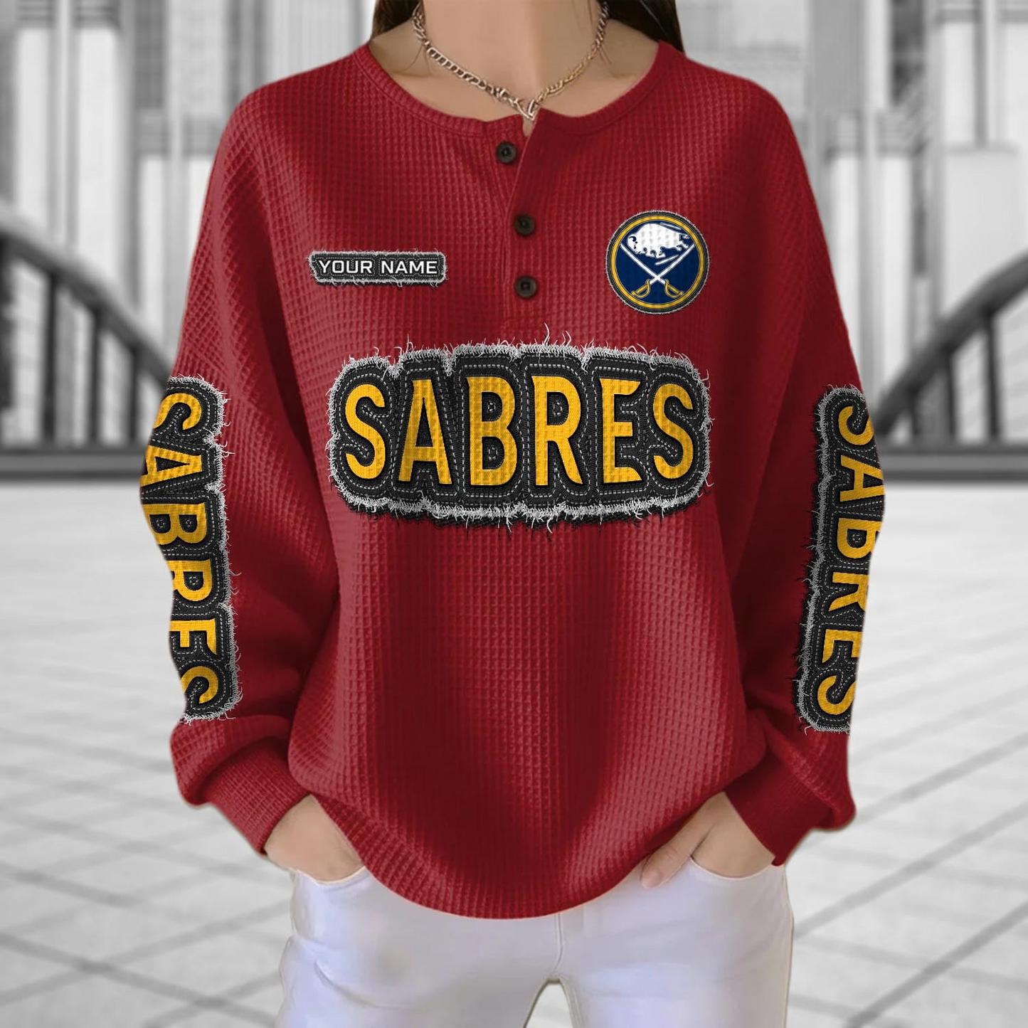 BUF x NHL Personalized Waffle Knit Henley Sweatshirt 2005 DatND DVT
