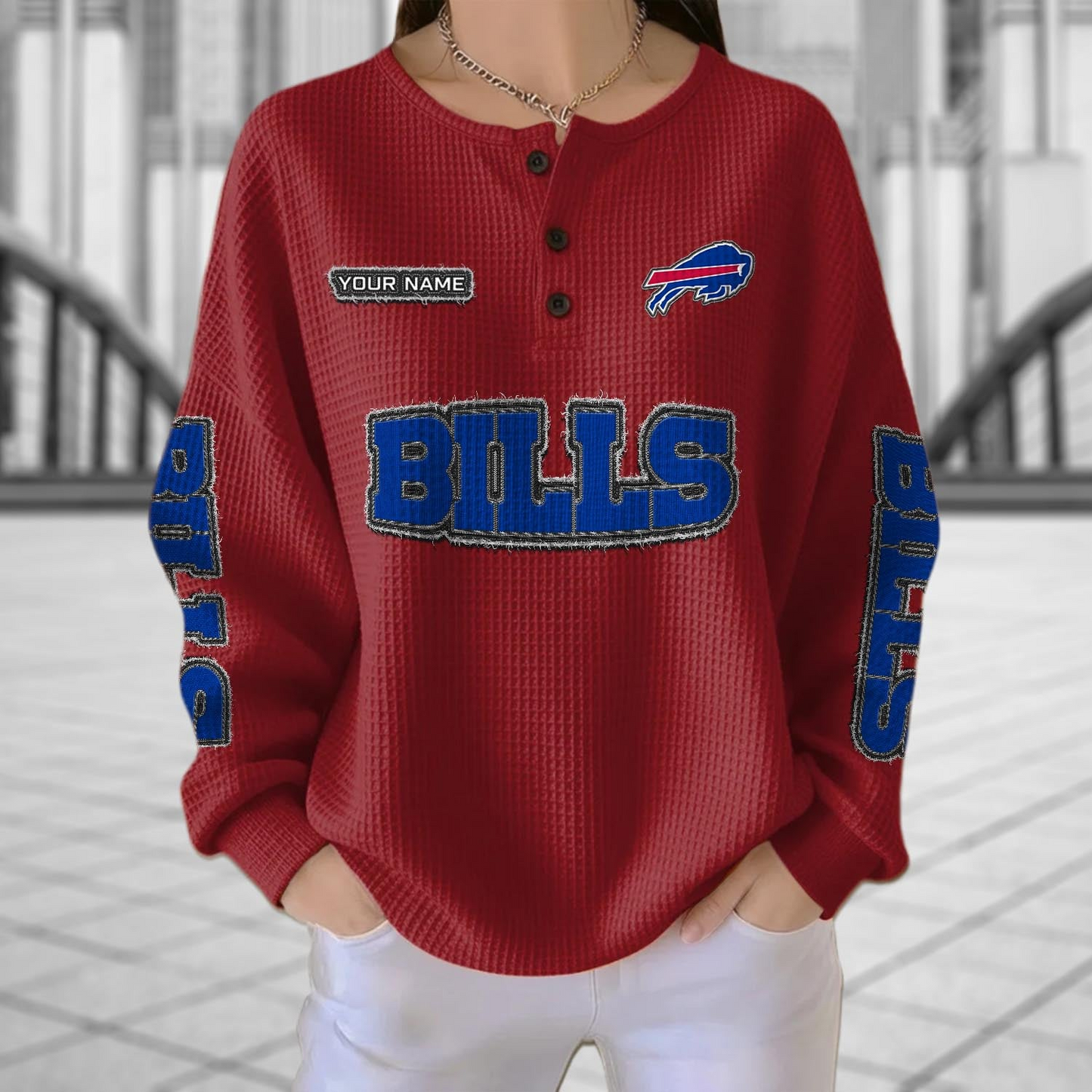 BUF x NFL Personalized Waffle Knit Henley Sweatshirt 2005 DatND DVT