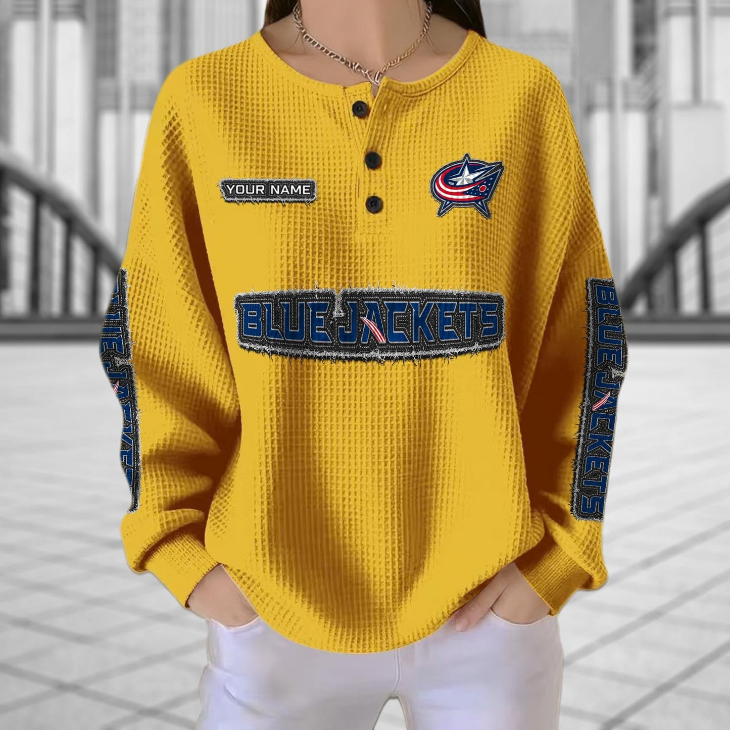 CBJ x NHL Personalized Waffle Knit Henley Sweatshirt 2005 DatND DVT