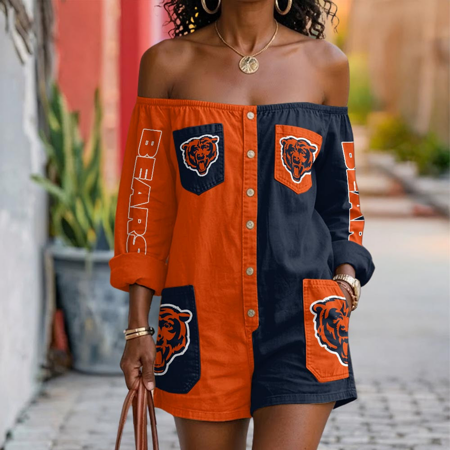 CHI x NFL Button-Front Off-Shoulder Dress DATND TANTD 060626