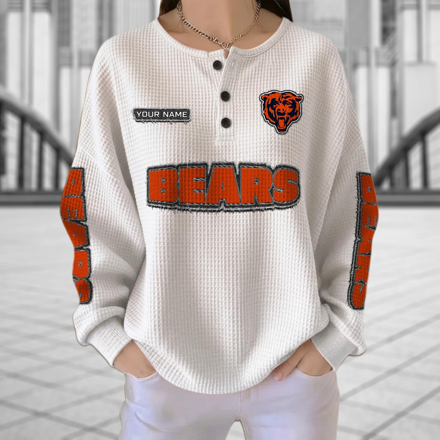CHI x NFL Personalized Waffle Knit Henley Sweatshirt 2005 DatND DVT