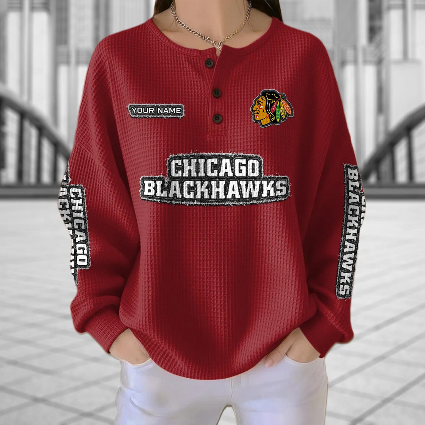CHI x NHL Personalized Waffle Knit Henley Sweatshirt 2005 DatND DVT