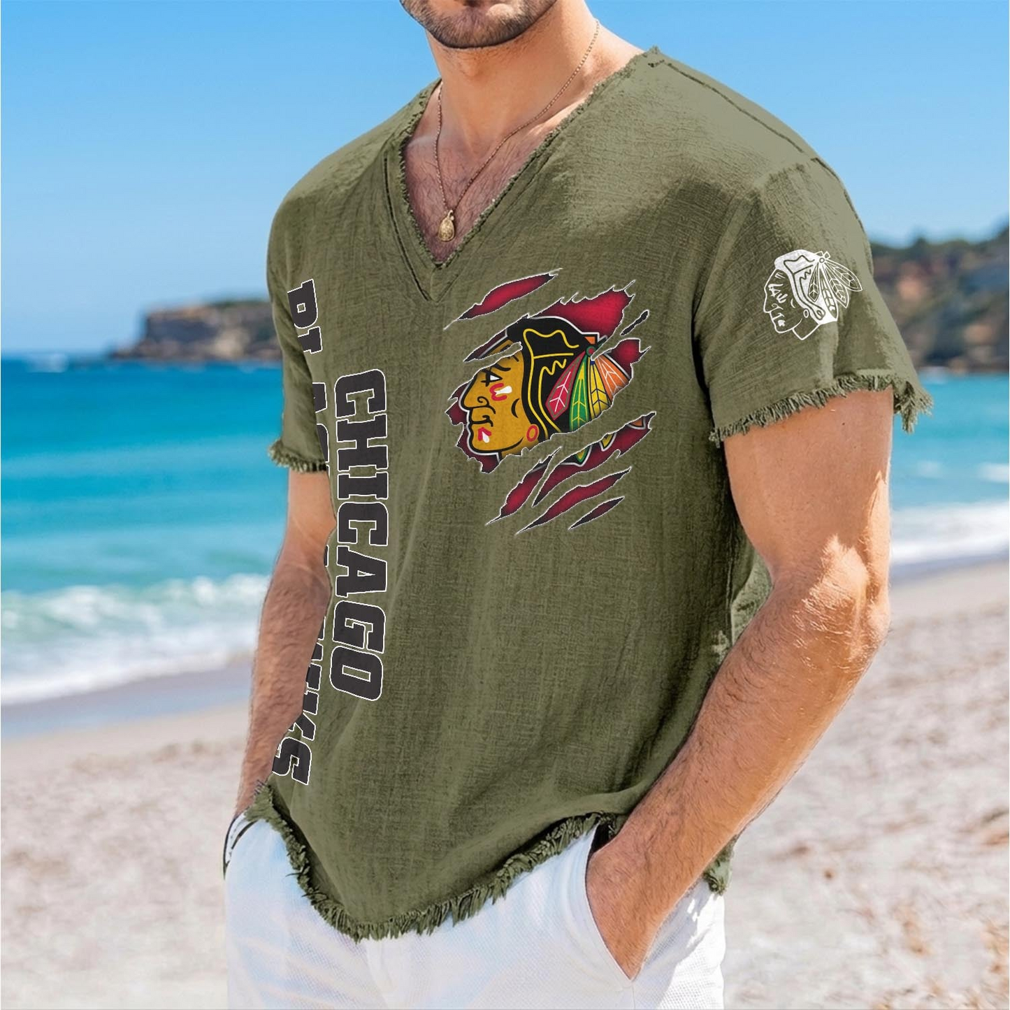 CHI x NHL V-Neck Linen Beach Shirt 1905 DatND DVT