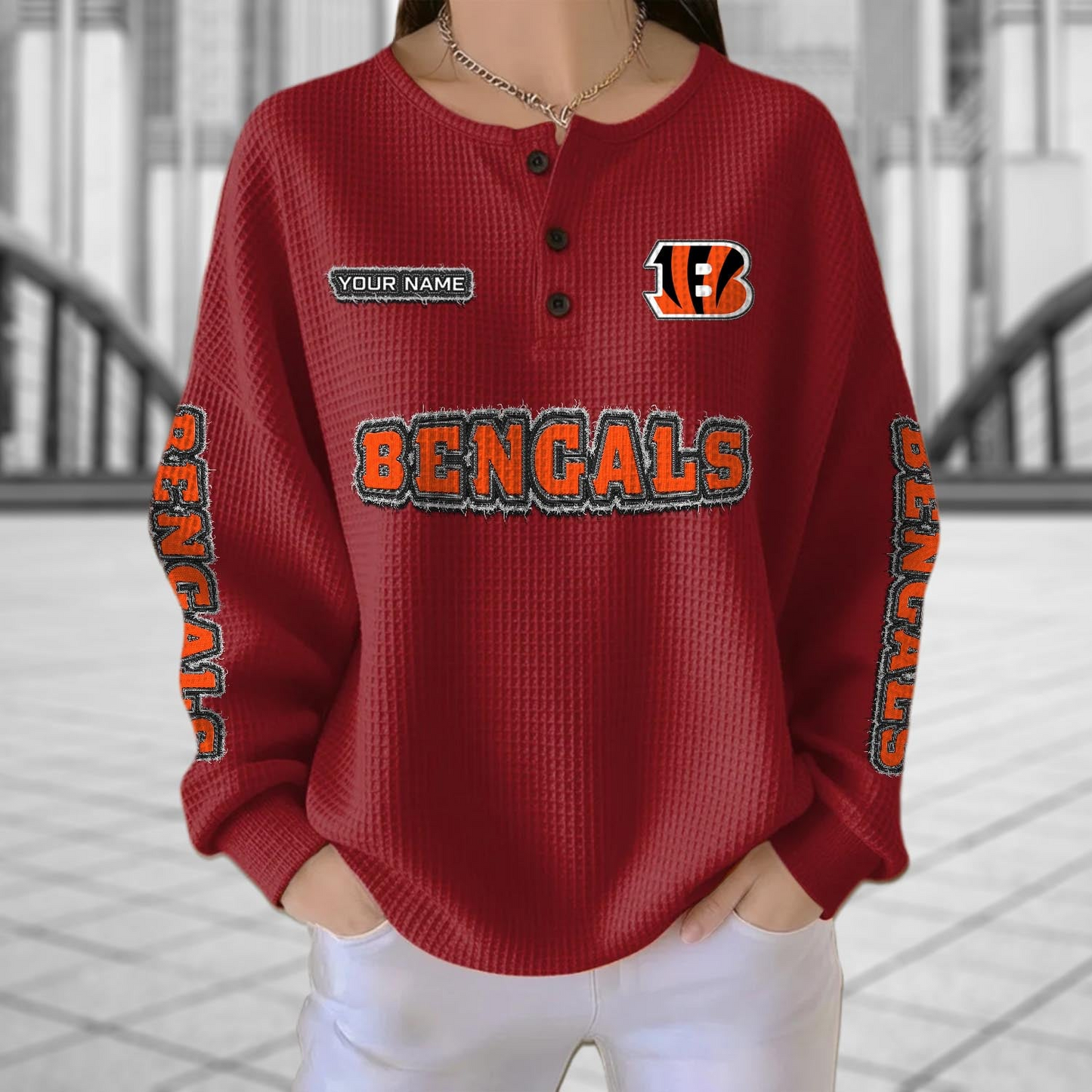 CIN x NFL Personalized Waffle Knit Henley Sweatshirt 2005 DatND DVT