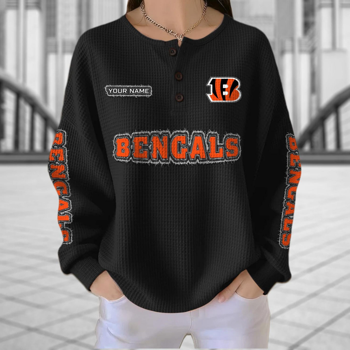 CIN x NFL Personalized Waffle Knit Henley Sweatshirt 2005 DatND DVT