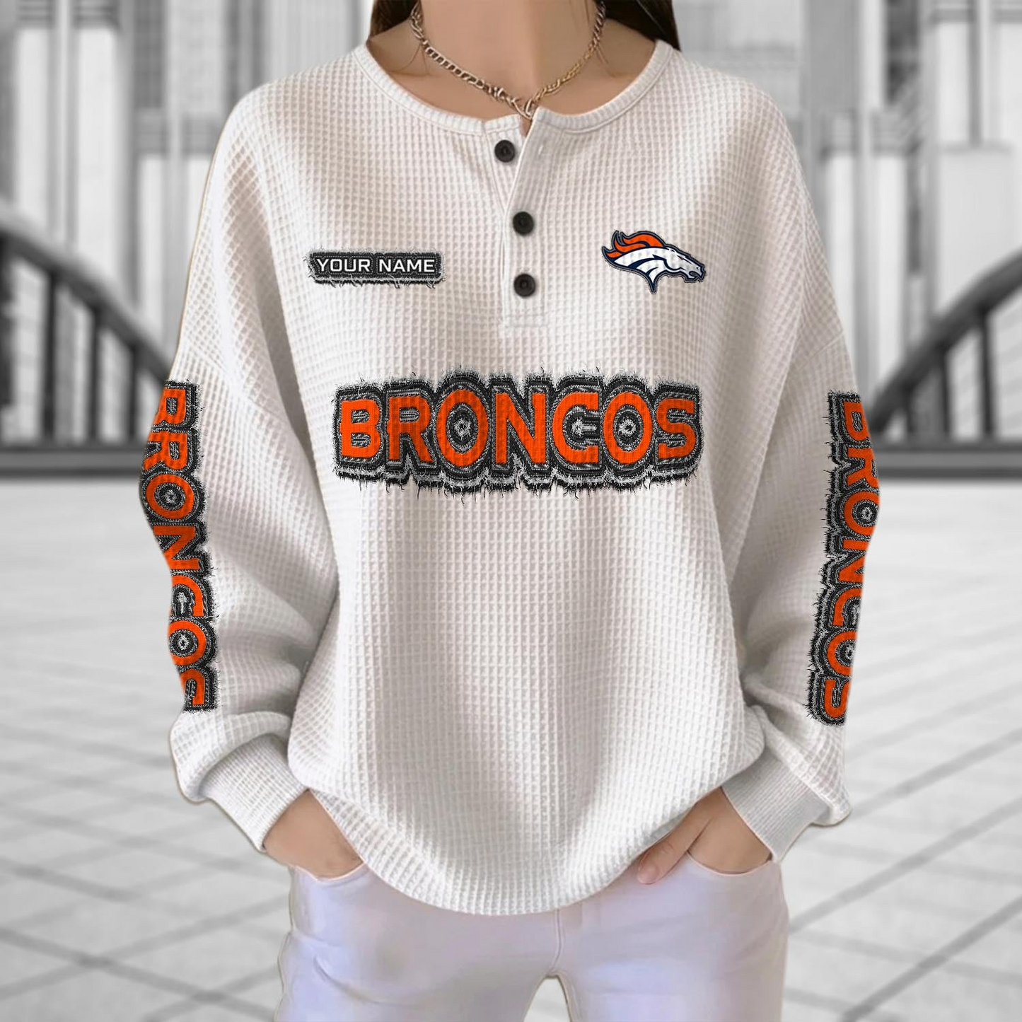DEN x NFL Personalized Waffle Knit Henley Sweatshirt 2005 DatND DVT