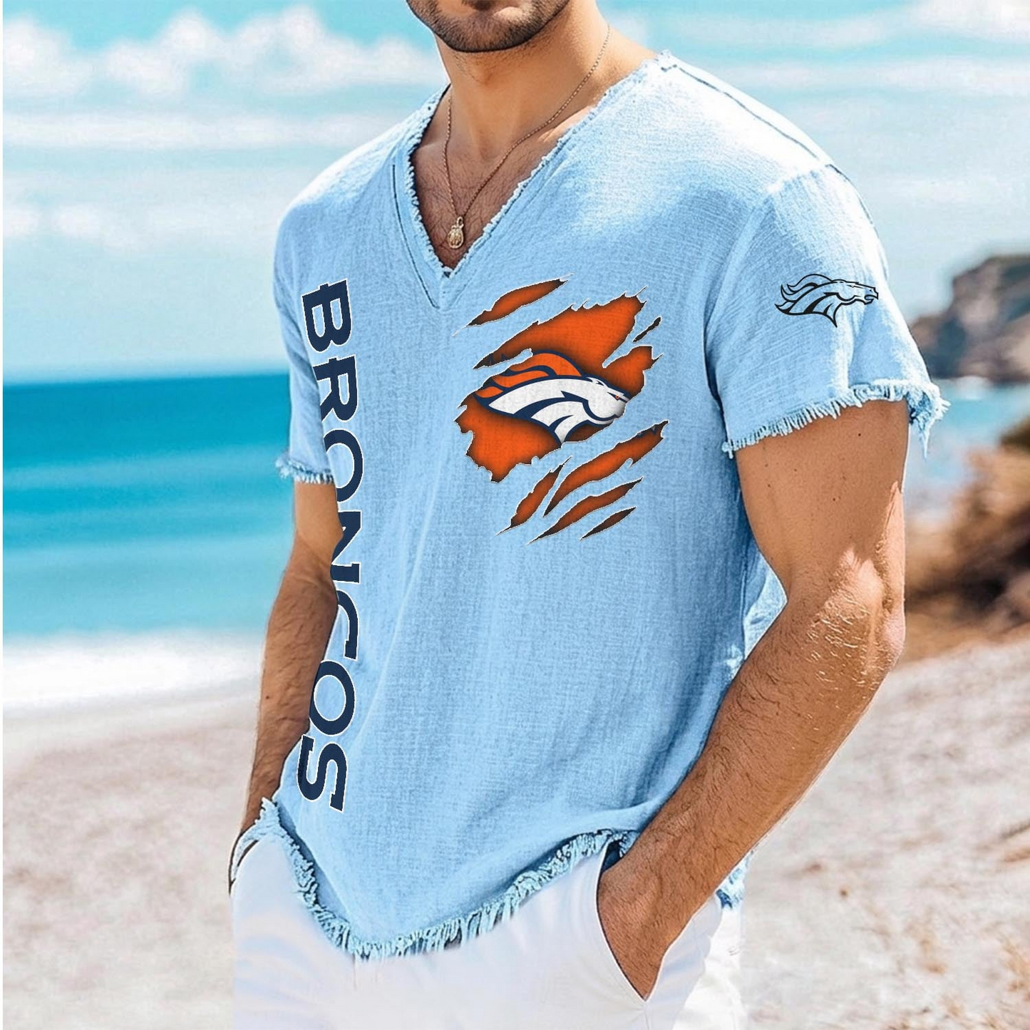 DEN x NFL V-Neck Linen Beach Shirt 1905 DatND DVT