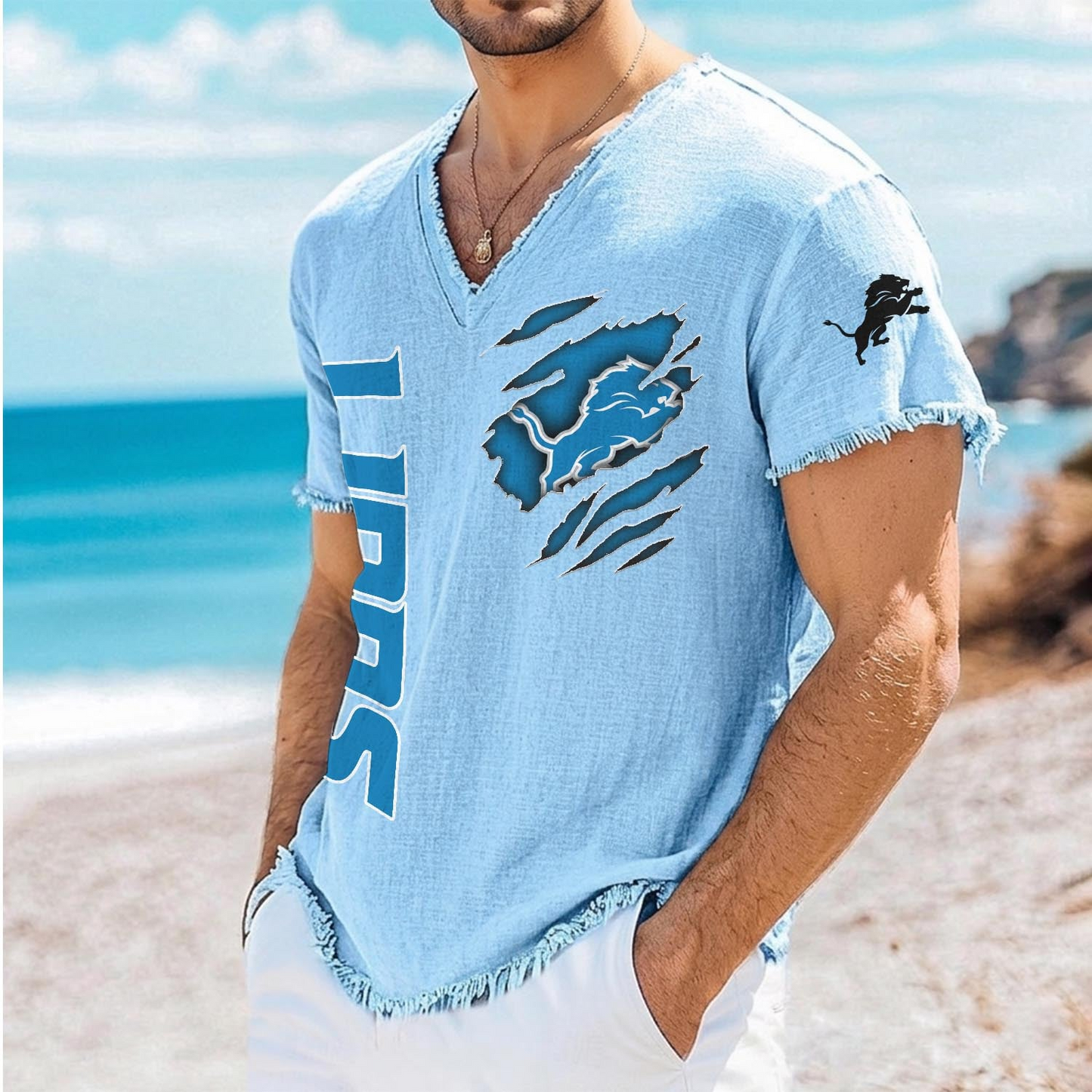 DET x NFL V-Neck Linen Beach Shirt 1905 DatND DVT