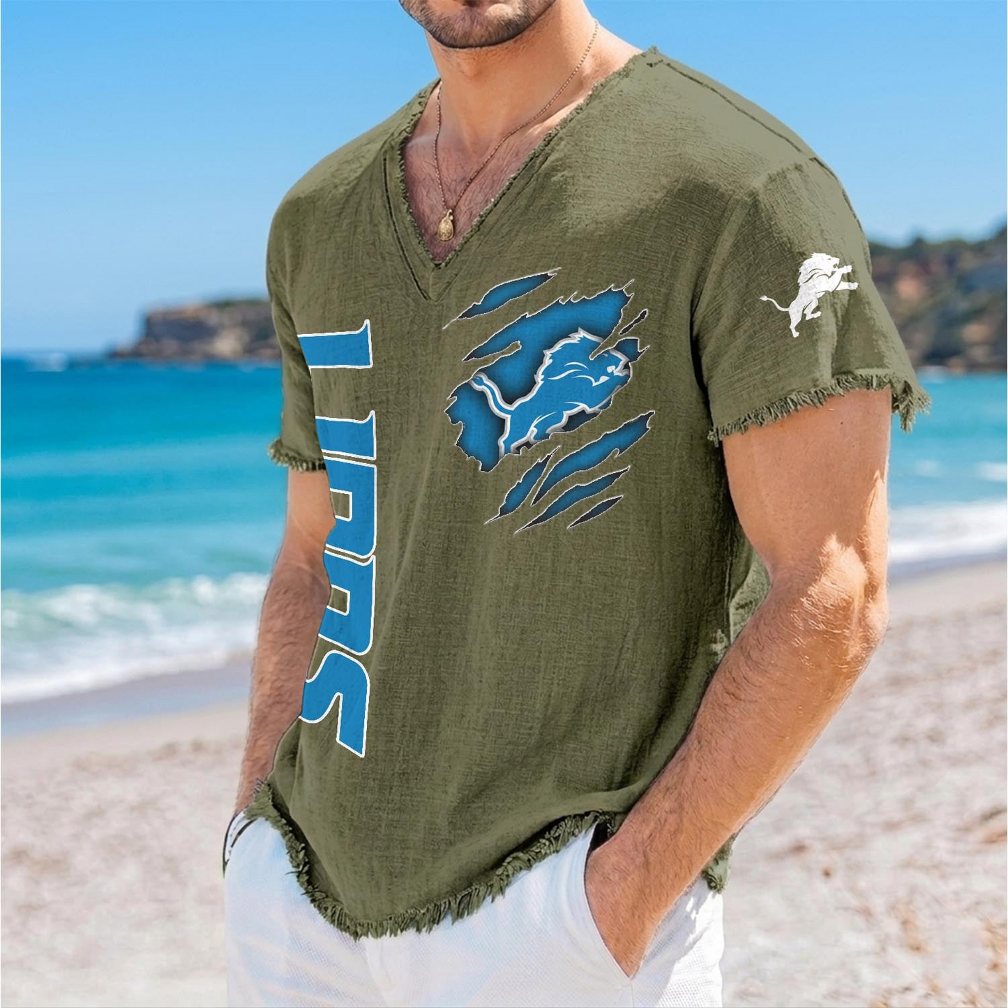 DET x NFL V-Neck Linen Beach Shirt 1905 DatND DVT