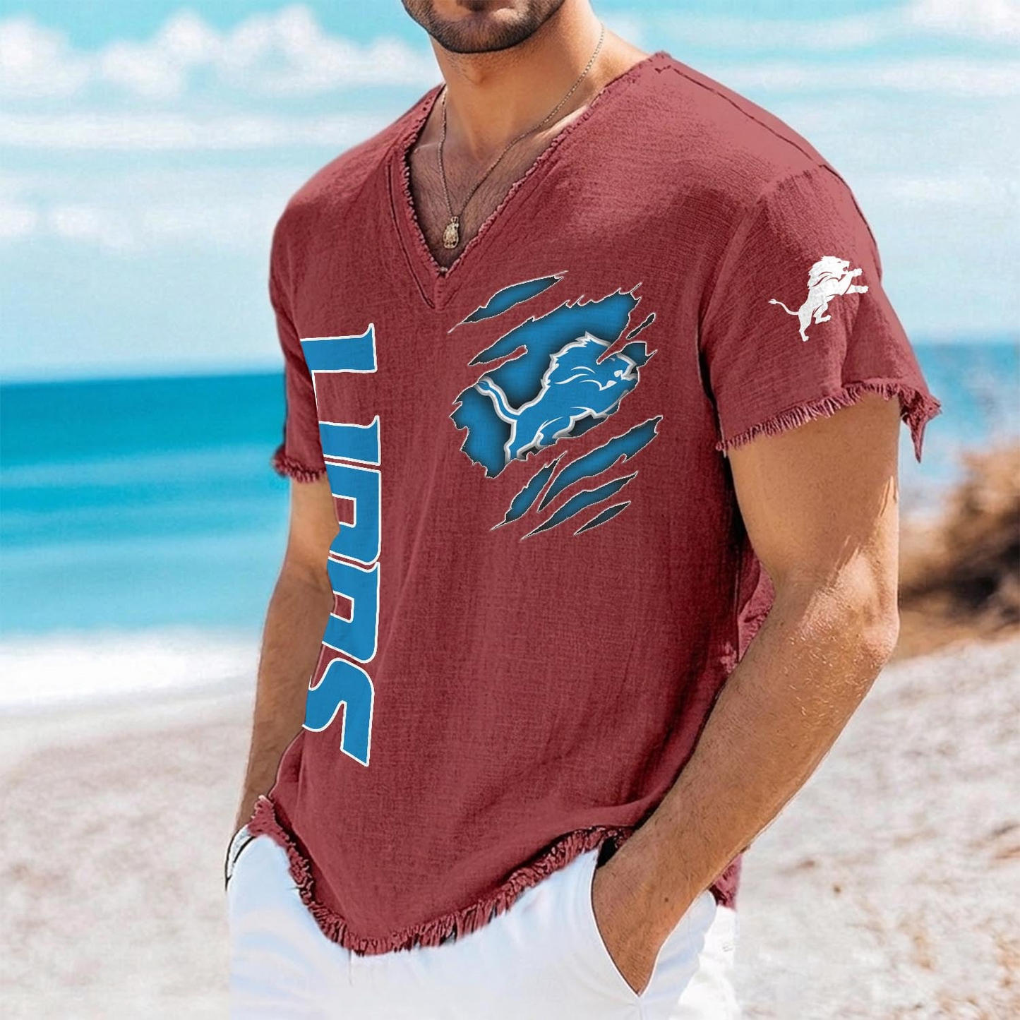 DET x NFL V-Neck Linen Beach Shirt 1905 DatND DVT