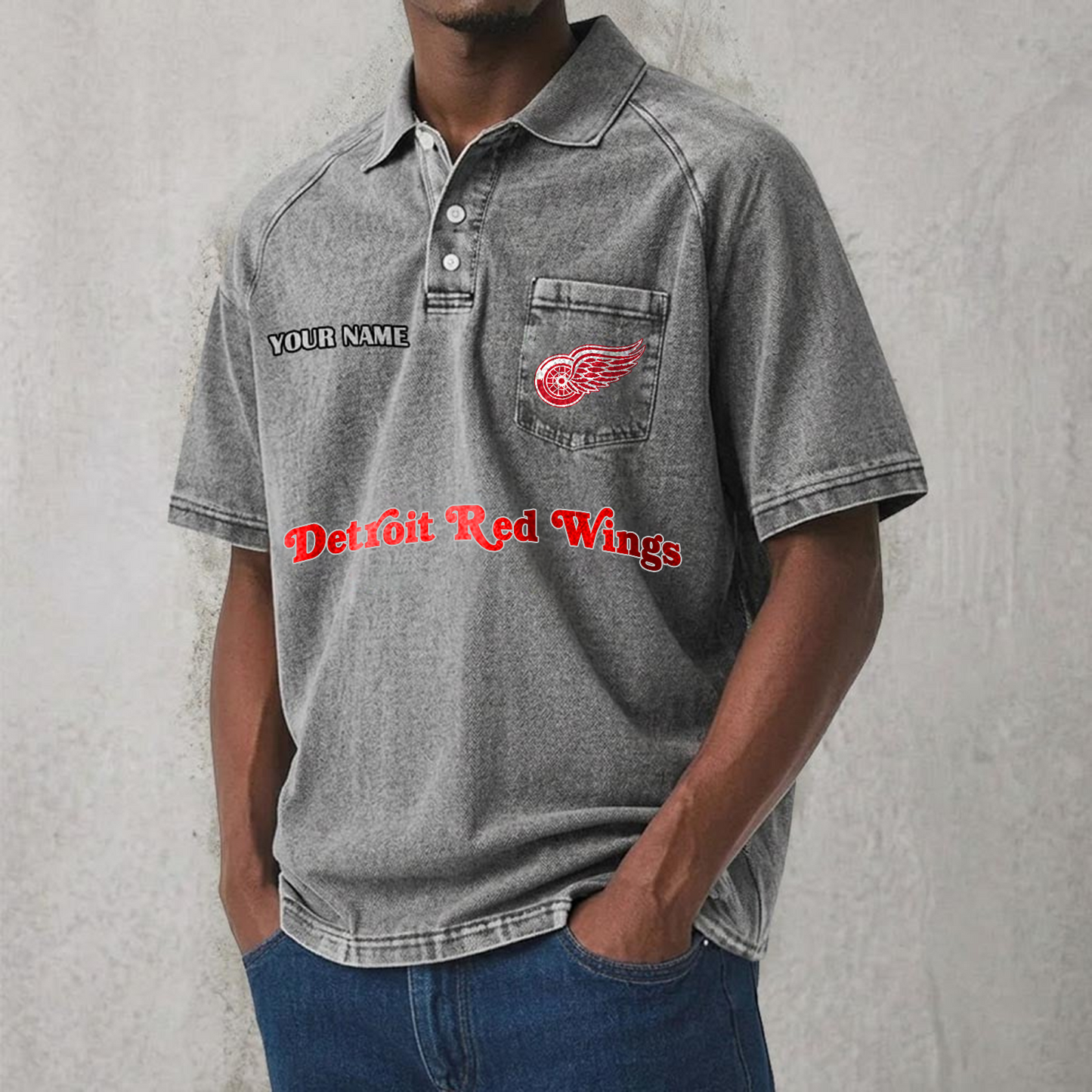 DET x NHL Men's Distressed Turn-Down Collar Polo DATND TANTD 250526