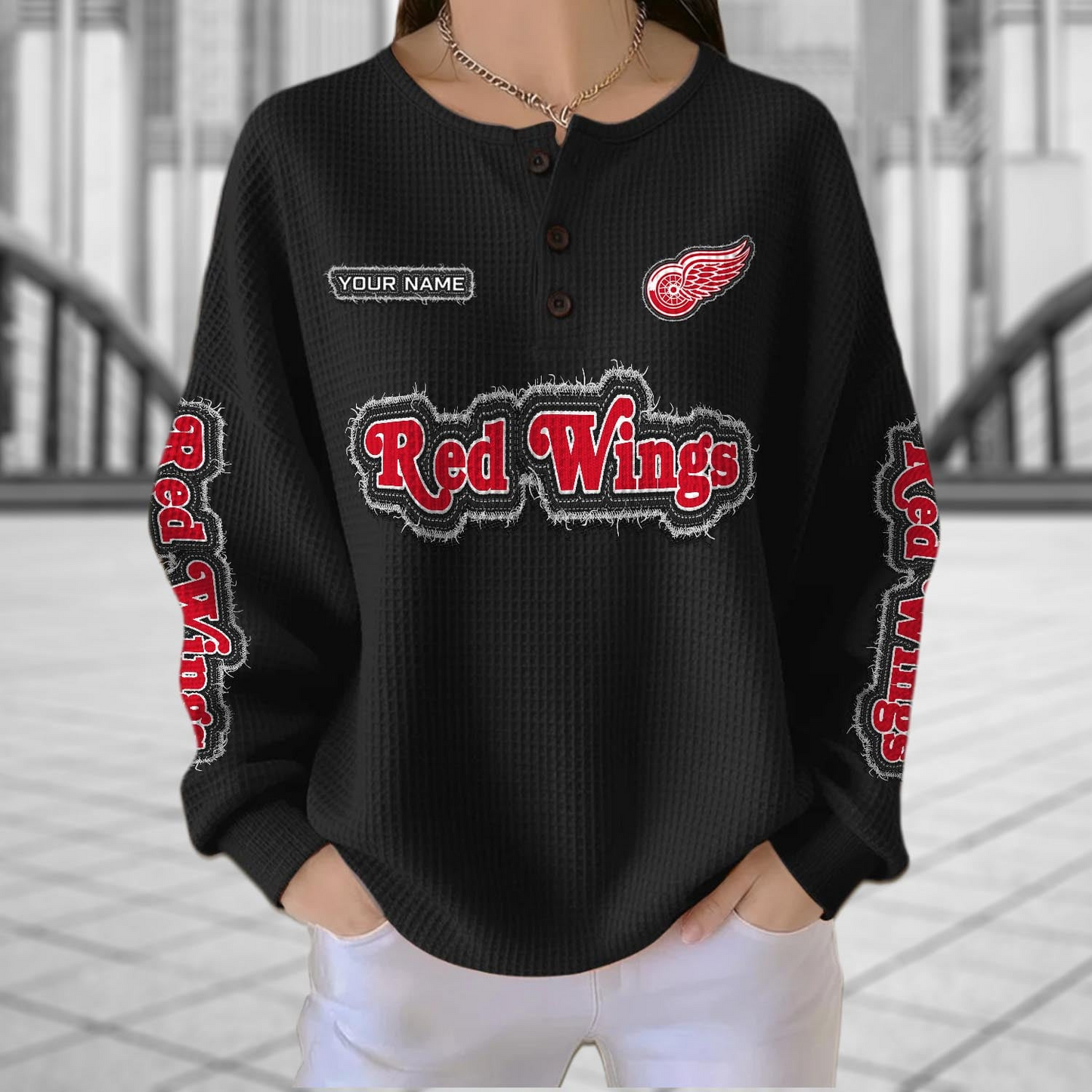 DET x NHL Personalized Waffle Knit Henley Sweatshirt 2005 DatND DVT