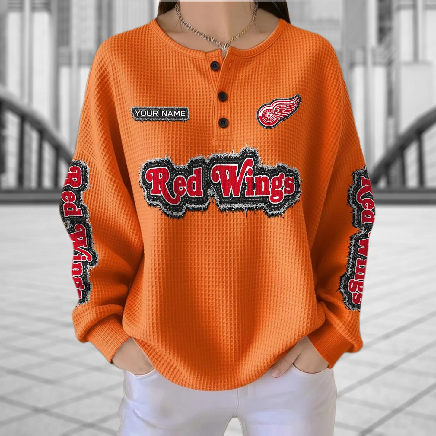DET x NHL Personalized Waffle Knit Henley Sweatshirt 2005 DatND DVT