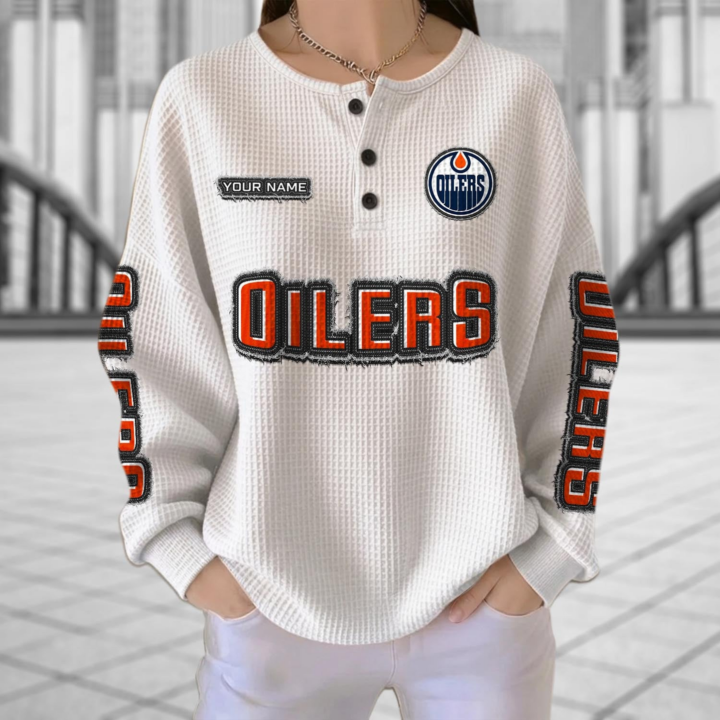 EDM x NHL Personalized Waffle Knit Henley Sweatshirt 2005 DatND DVT