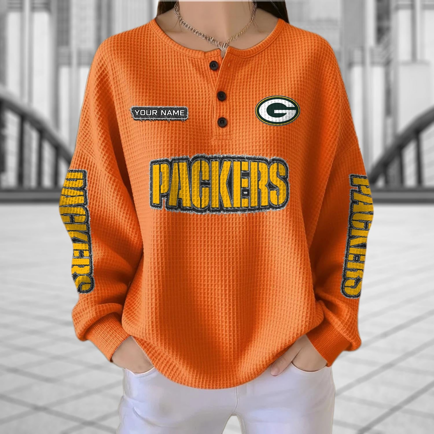 GB x NFL Personalized Waffle Knit Henley Sweatshirt 2005 DatND DVT