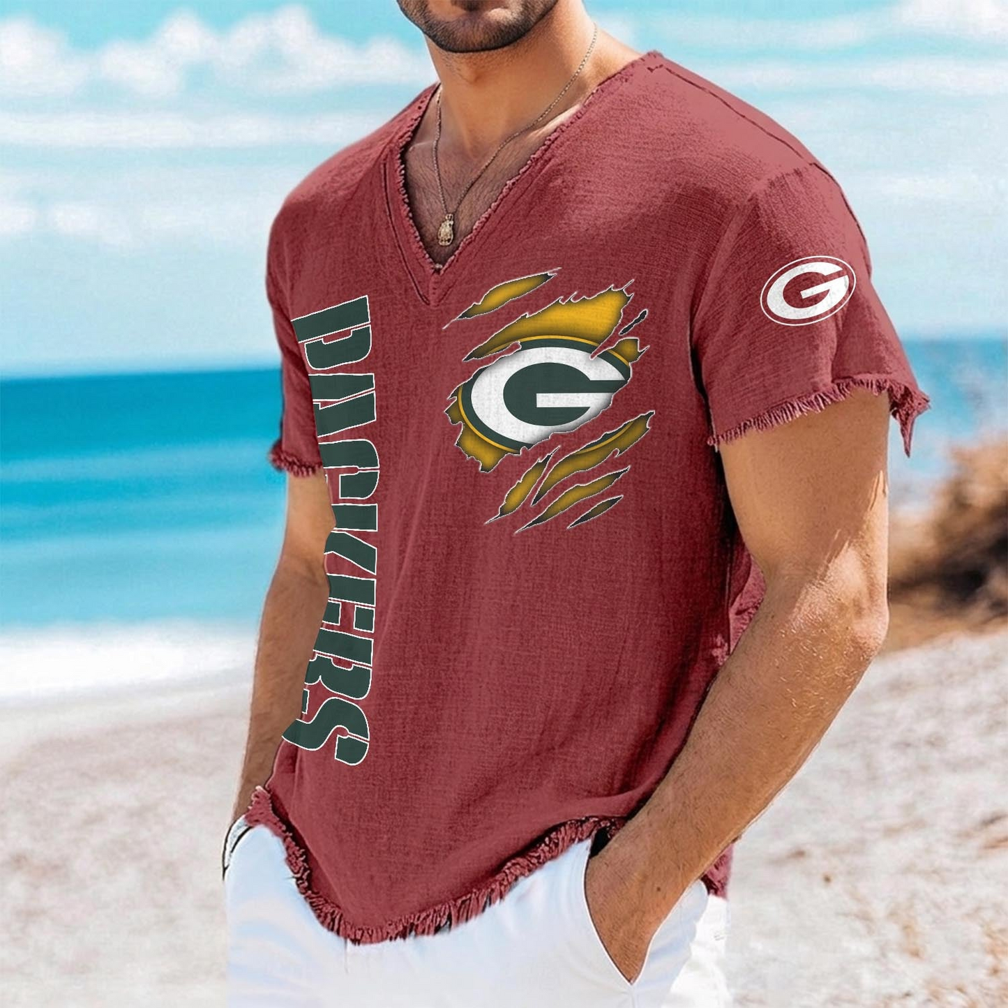 GB x NFL V-Neck Linen Beach Shirt 1905 DatND DVT